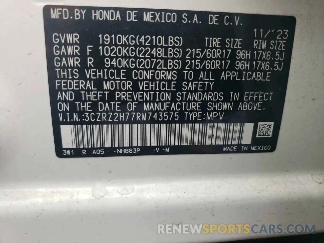 12 Фотография поврежденного автомобиля 3CZRZ2H77RM743575 HONDA HR-V 2024