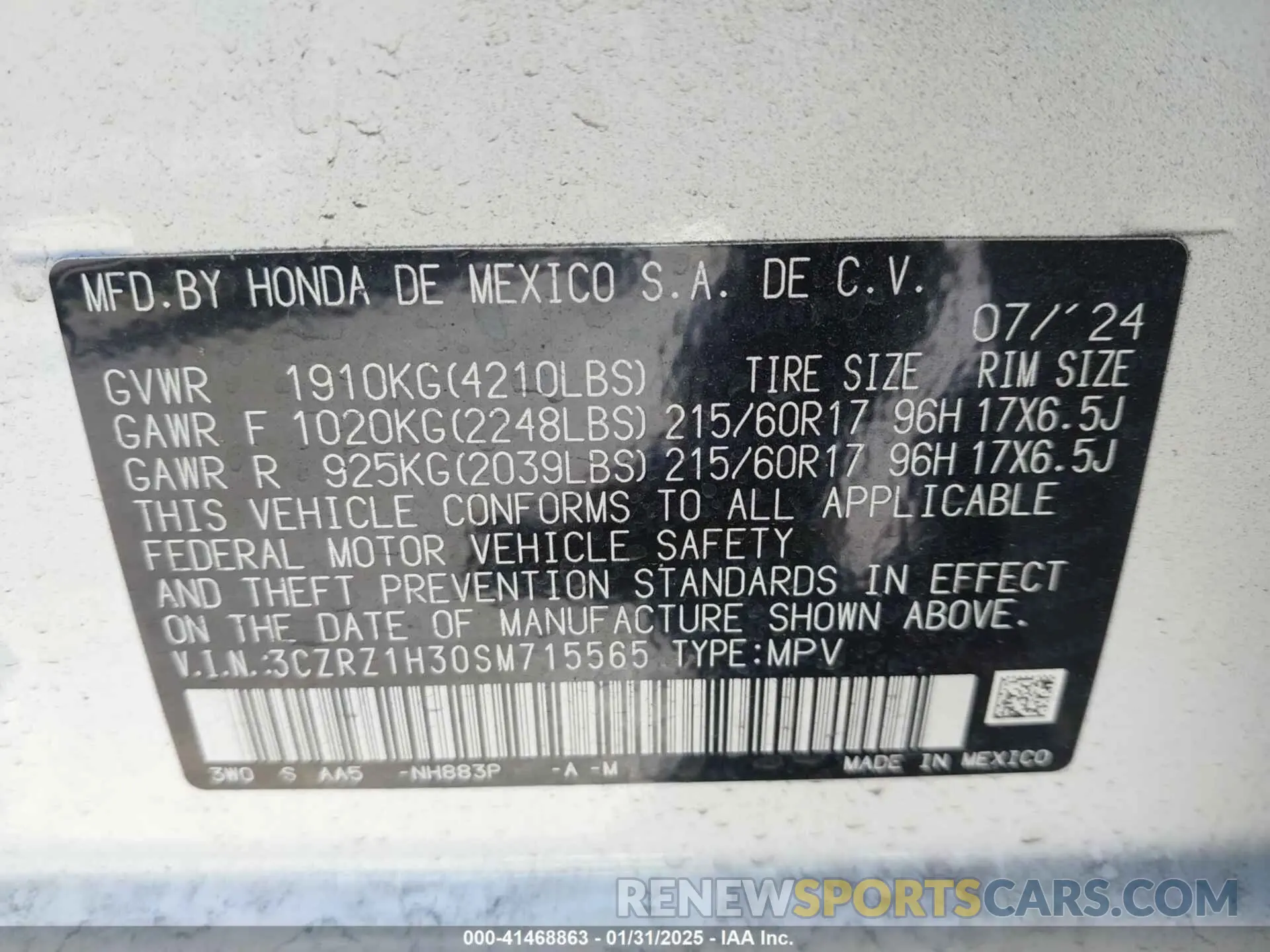 9 Photograph of a damaged car 3CZRZ1H30SM715565 HONDA HR-V 2025