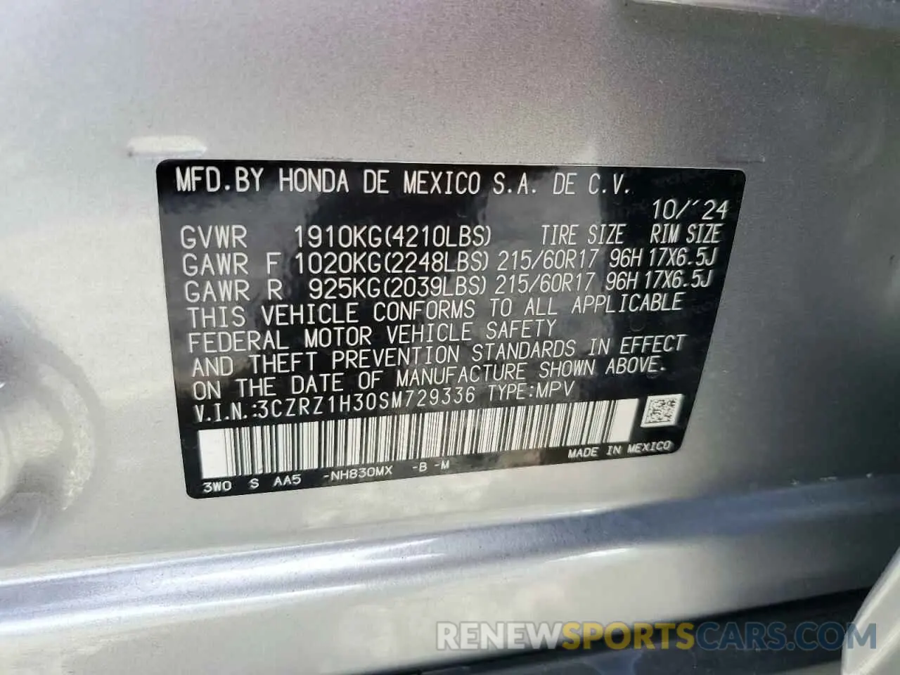 13 Фотография поврежденного автомобиля 3CZRZ1H30SM729336 HONDA HR-V 2025