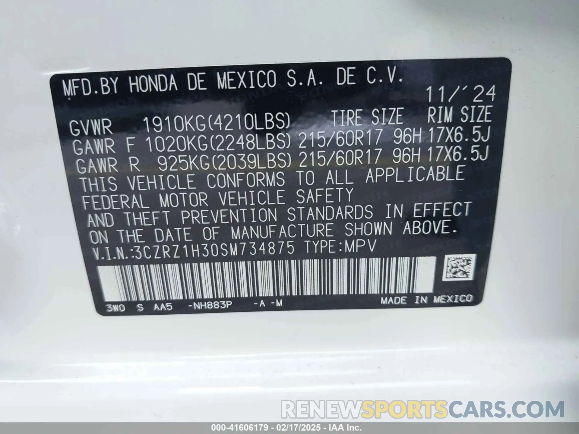 9 Фотография поврежденного автомобиля 3CZRZ1H30SM734875 HONDA HR-V 2025