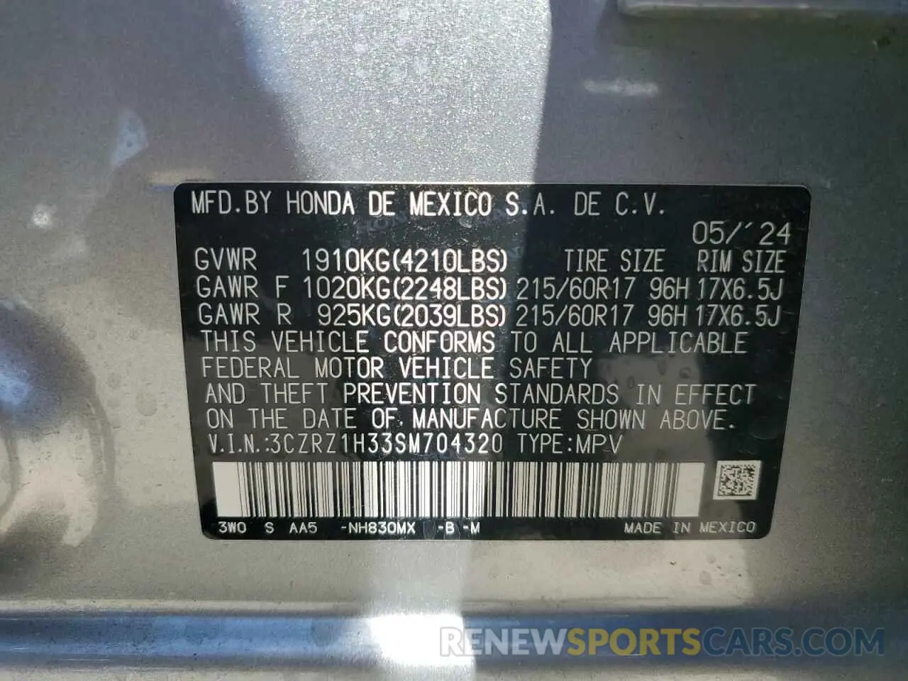 14 Photograph of a damaged car 3CZRZ1H33SM704320 HONDA HR-V 2025