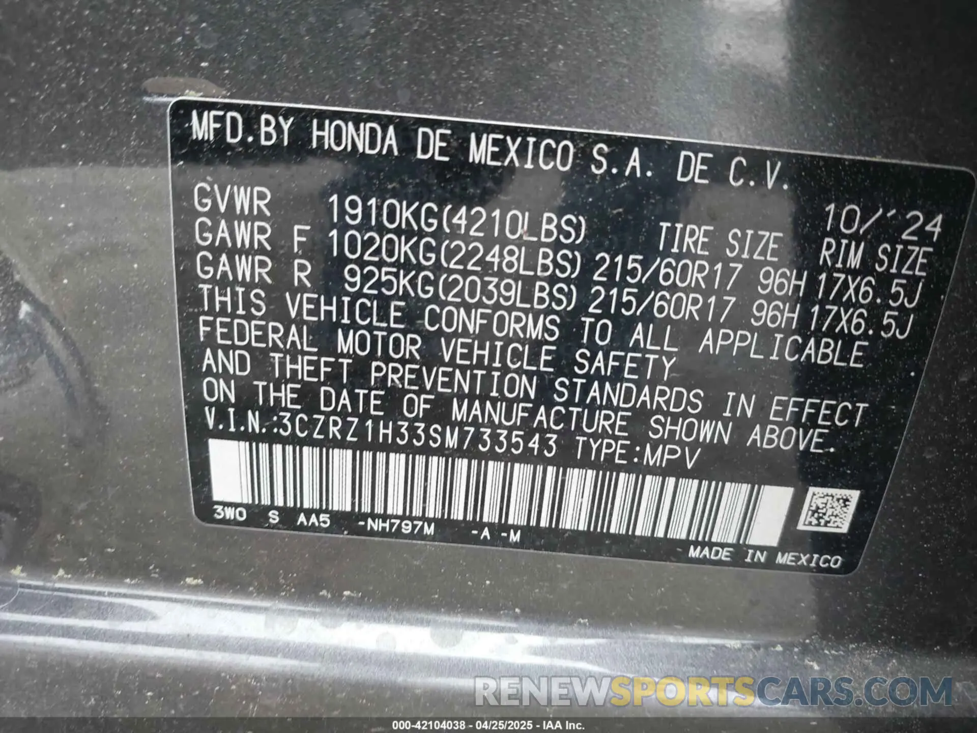 9 Photograph of a damaged car 3CZRZ1H33SM733543 HONDA HR-V 2025