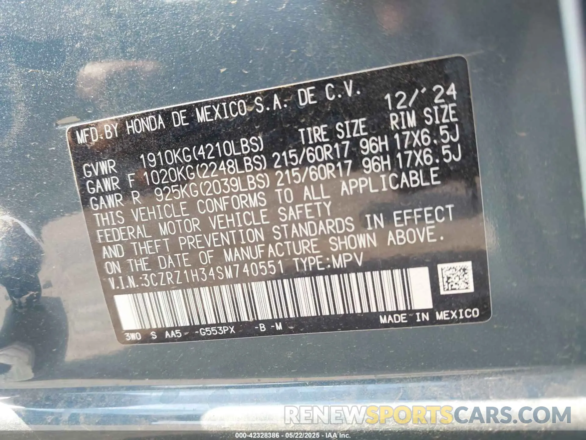 9 Фотография поврежденного автомобиля 3CZRZ1H34SM740551 HONDA HR-V 2025