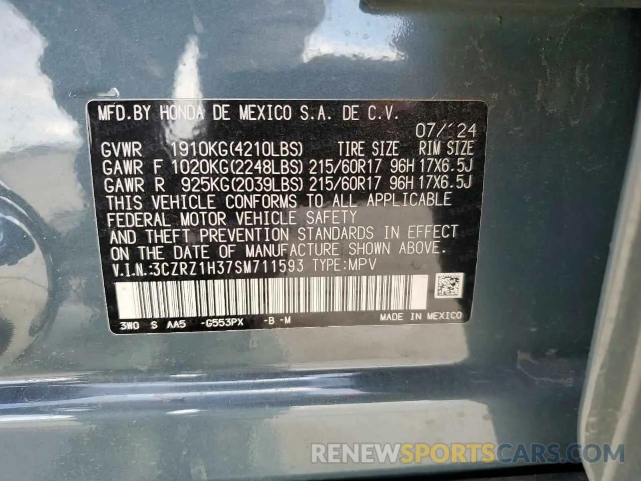 16 Photograph of a damaged car 3CZRZ1H37SM711593 HONDA HR-V 2025