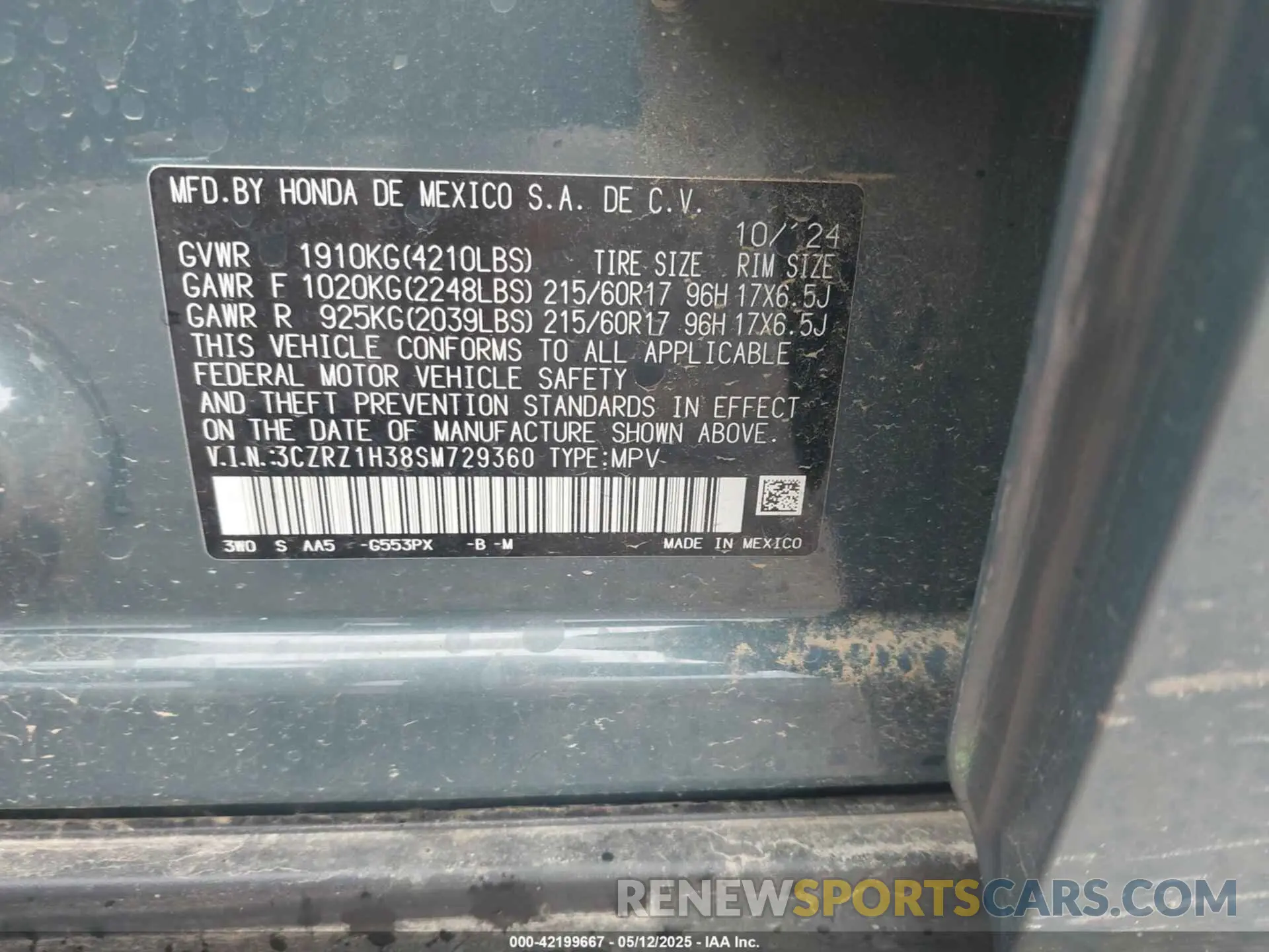 9 Фотография поврежденного автомобиля 3CZRZ1H38SM729360 HONDA HR-V 2025