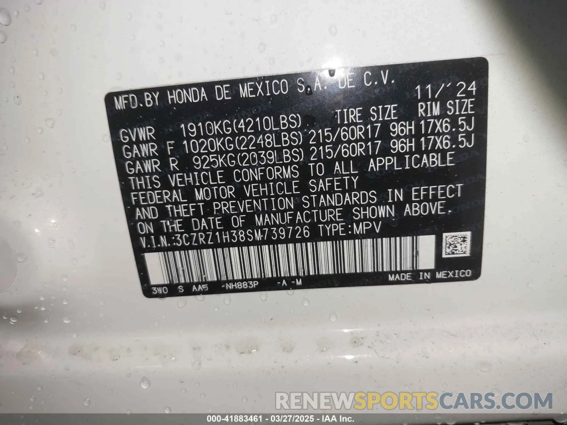 9 Фотография поврежденного автомобиля 3CZRZ1H38SM739726 HONDA HR-V 2025