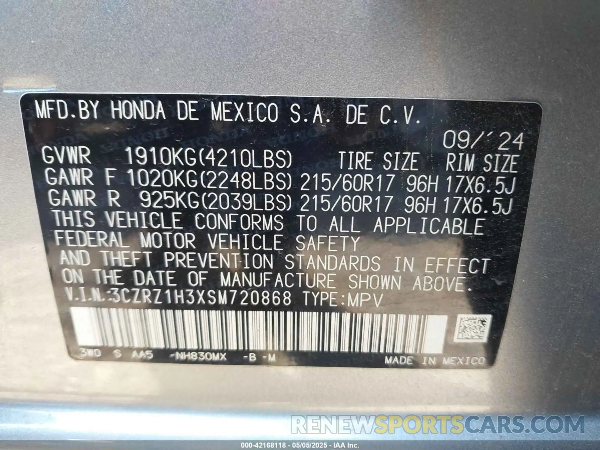 9 Photograph of a damaged car 3CZRZ1H3XSM720868 HONDA HR-V 2025