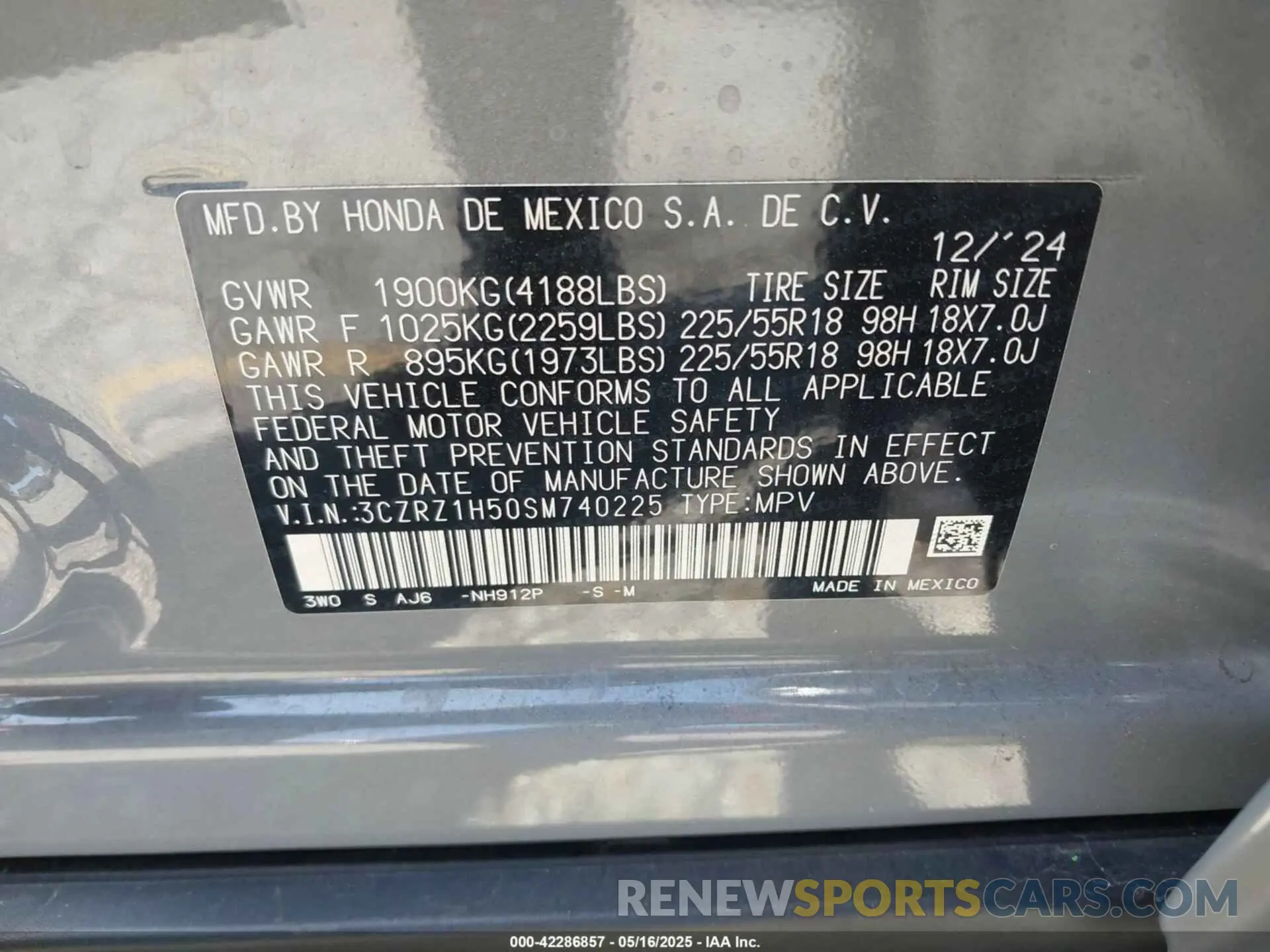 9 Photograph of a damaged car 3CZRZ1H50SM740225 HONDA HR-V 2025