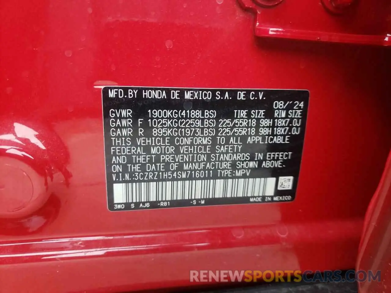 12 Photograph of a damaged car 3CZRZ1H54SM716011 HONDA HR-V 2025