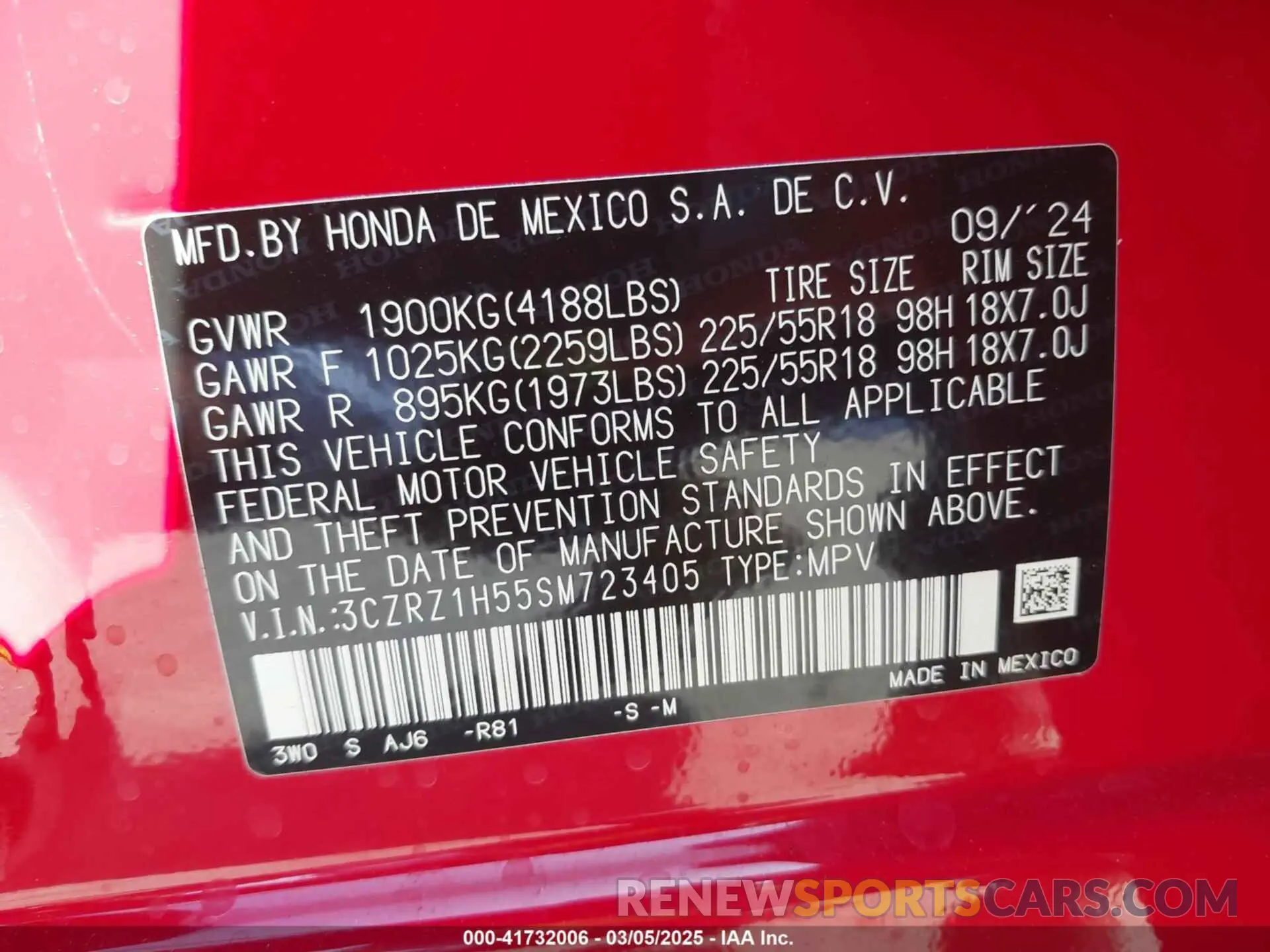 9 Photograph of a damaged car 3CZRZ1H55SM723405 HONDA HR-V 2025