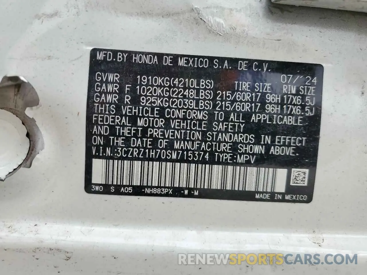 13 Photograph of a damaged car 3CZRZ1H70SM715374 HONDA HR-V 2025