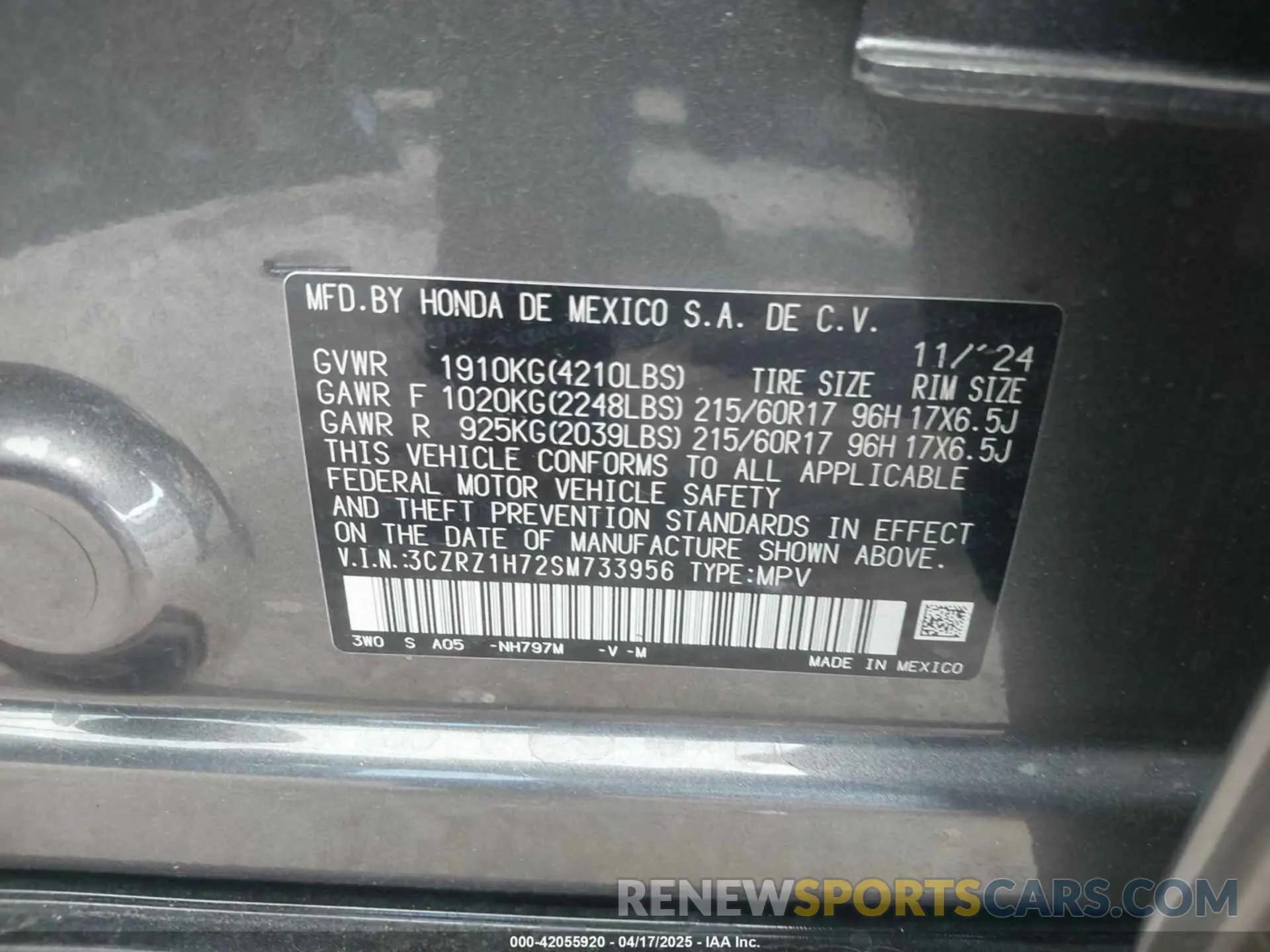 9 Фотография поврежденного автомобиля 3CZRZ1H72SM733956 HONDA HR-V 2025
