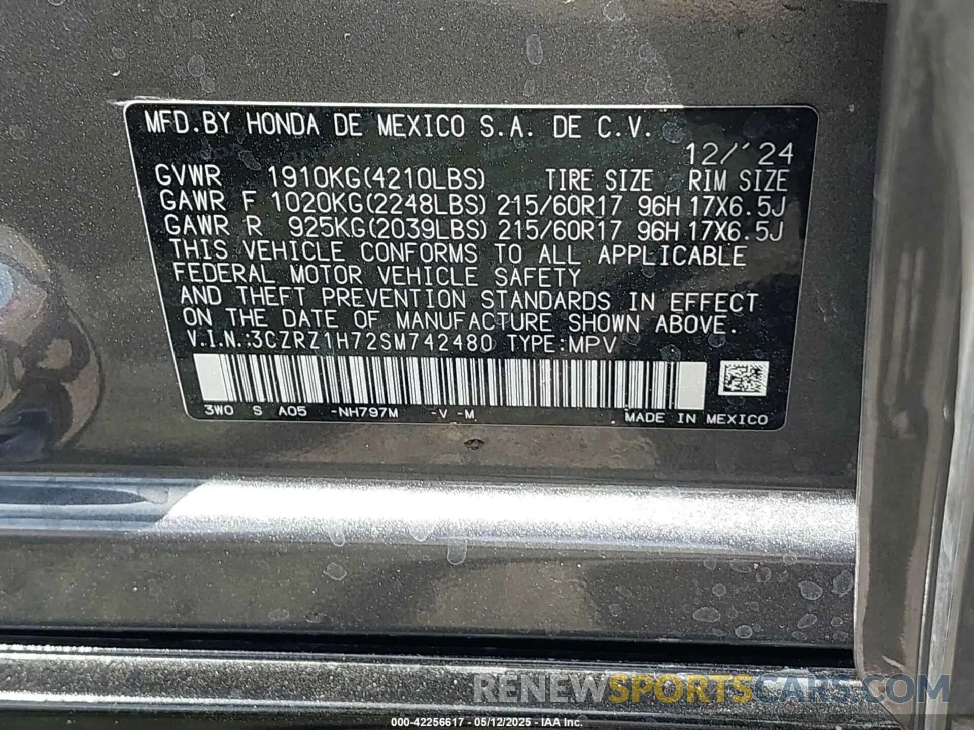 9 Фотография поврежденного автомобиля 3CZRZ1H72SM742480 HONDA HR-V 2025