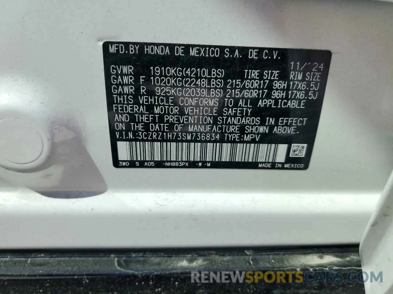 14 Photograph of a damaged car 3CZRZ1H73SM736834 HONDA HR-V 2025