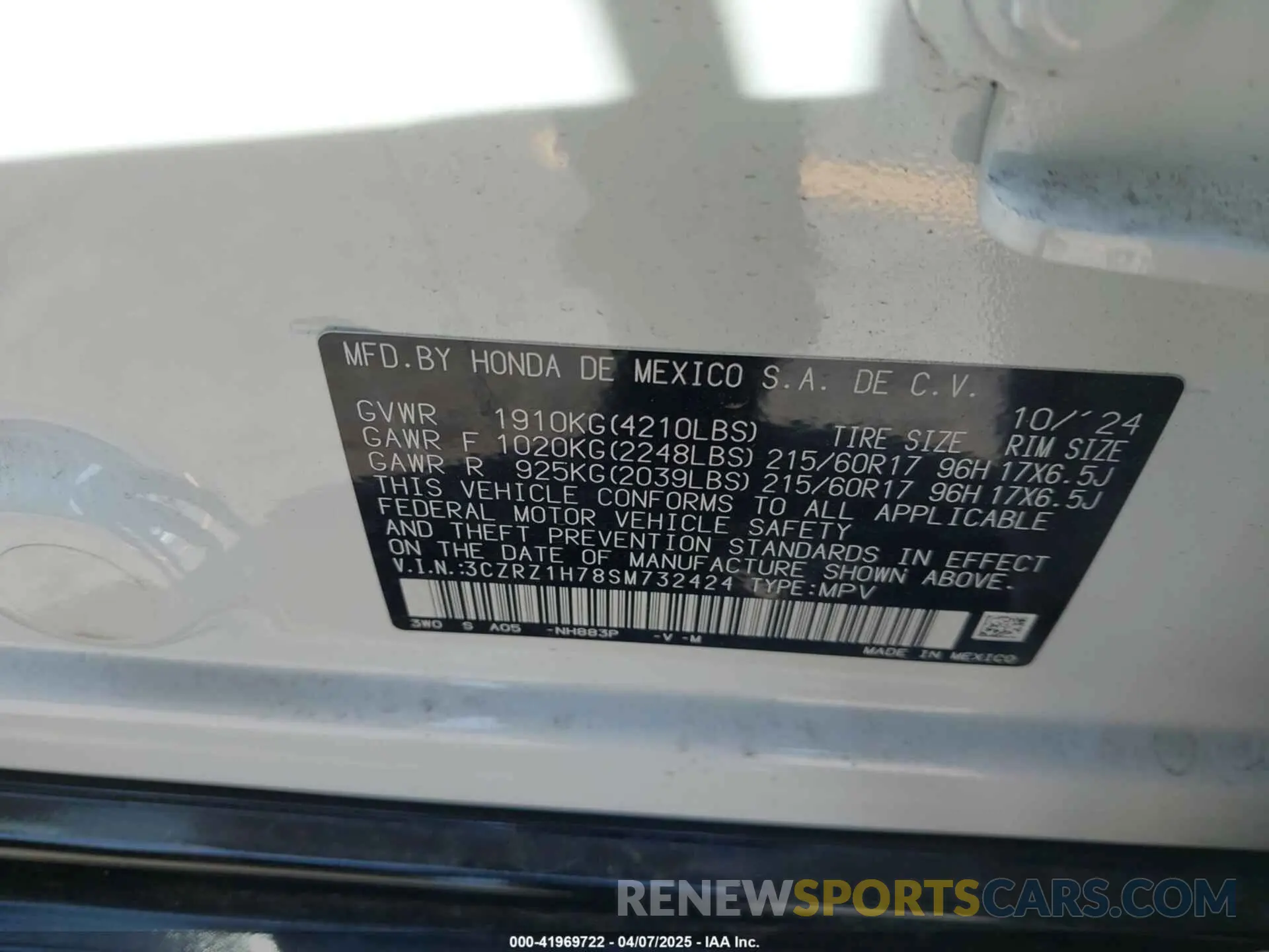 9 Фотография поврежденного автомобиля 3CZRZ1H78SM732424 HONDA HR-V 2025