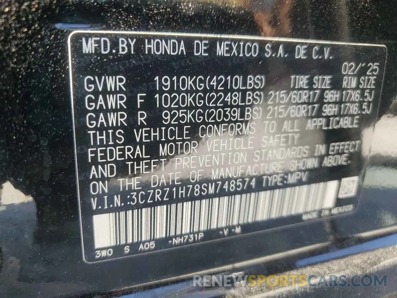 13 Photograph of a damaged car 3CZRZ1H78SM748574 HONDA HR-V 2025
