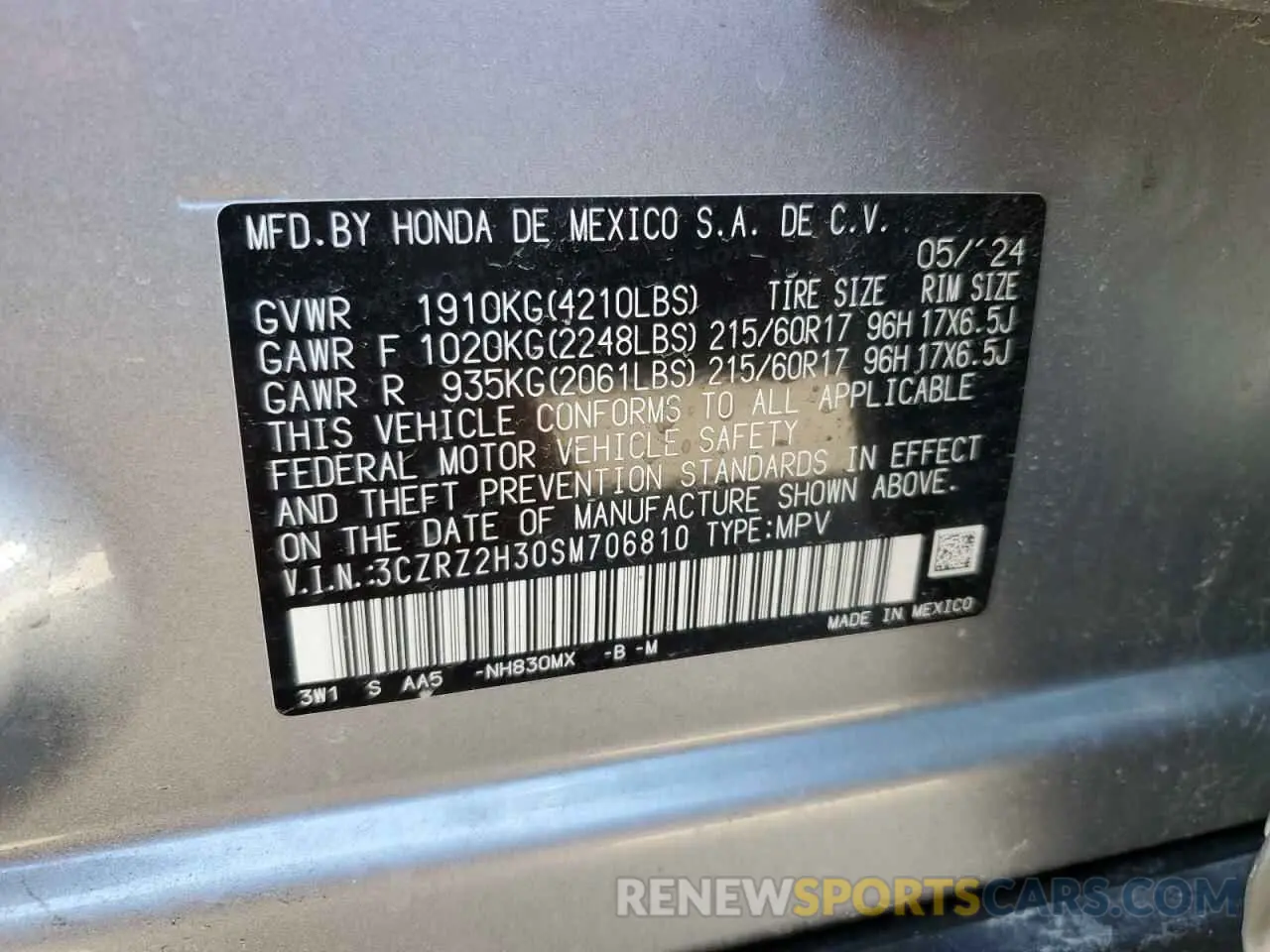 15 Фотография поврежденного автомобиля 3CZRZ2H30SM706810 HONDA HR-V 2025