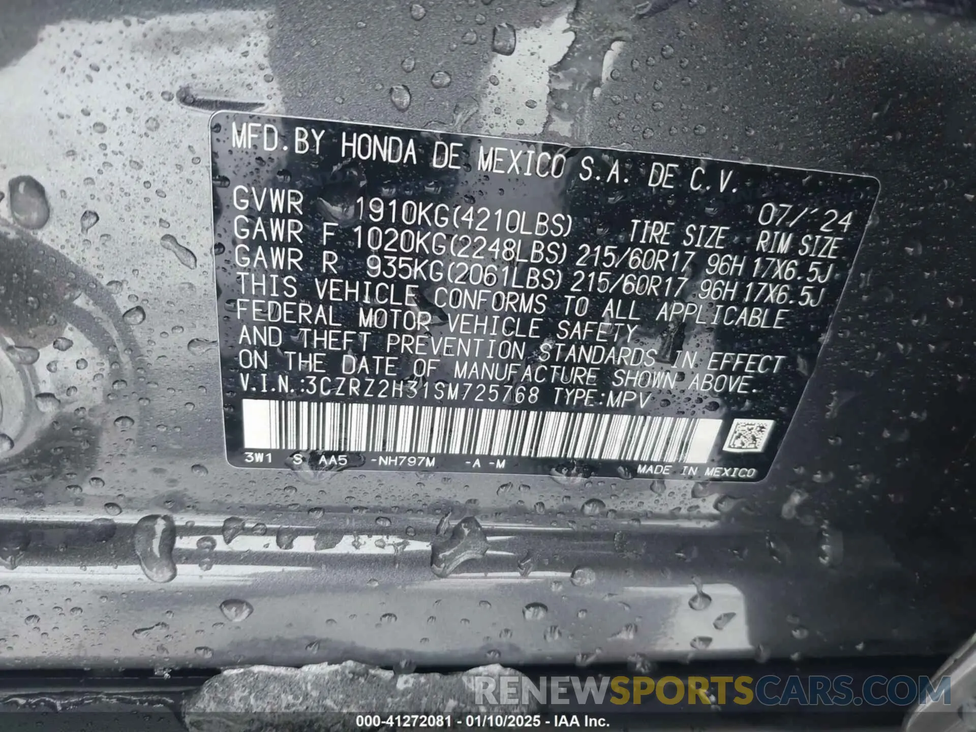 9 Photograph of a damaged car 3CZRZ2H31SM725768 HONDA HR-V 2025