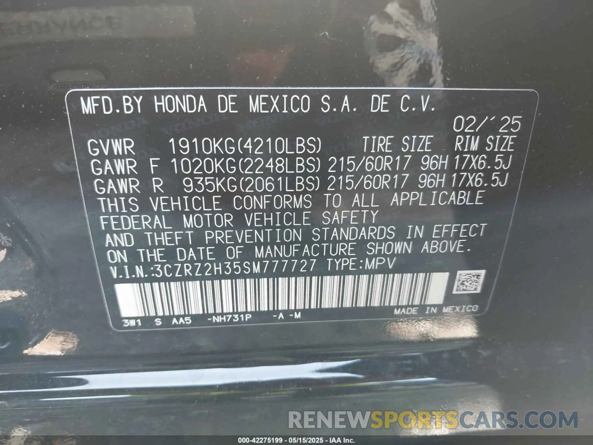 9 Photograph of a damaged car 3CZRZ2H35SM777727 HONDA HR-V 2025