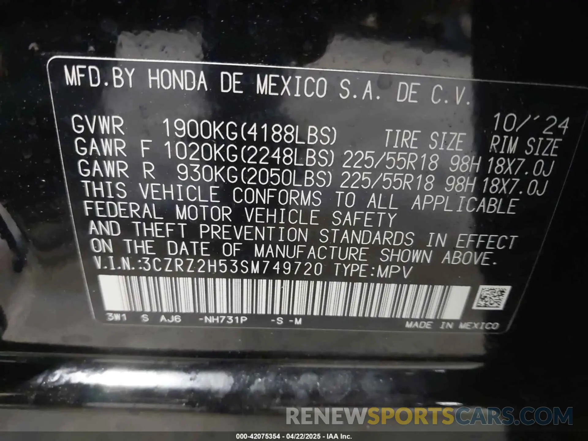 9 Фотография поврежденного автомобиля 3CZRZ2H53SM749720 HONDA HR-V 2025