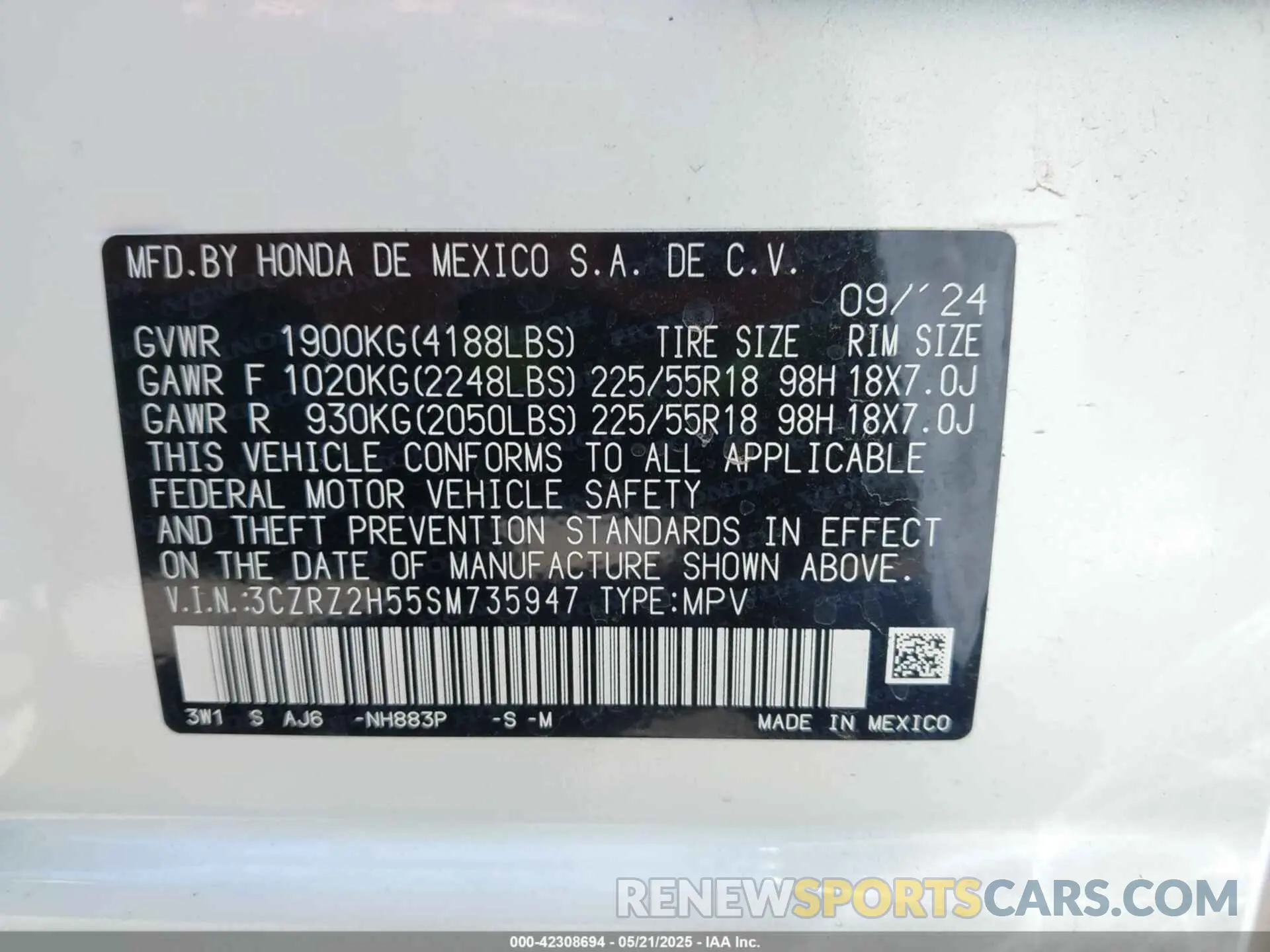 9 Фотография поврежденного автомобиля 3CZRZ2H55SM735947 HONDA HR-V 2025