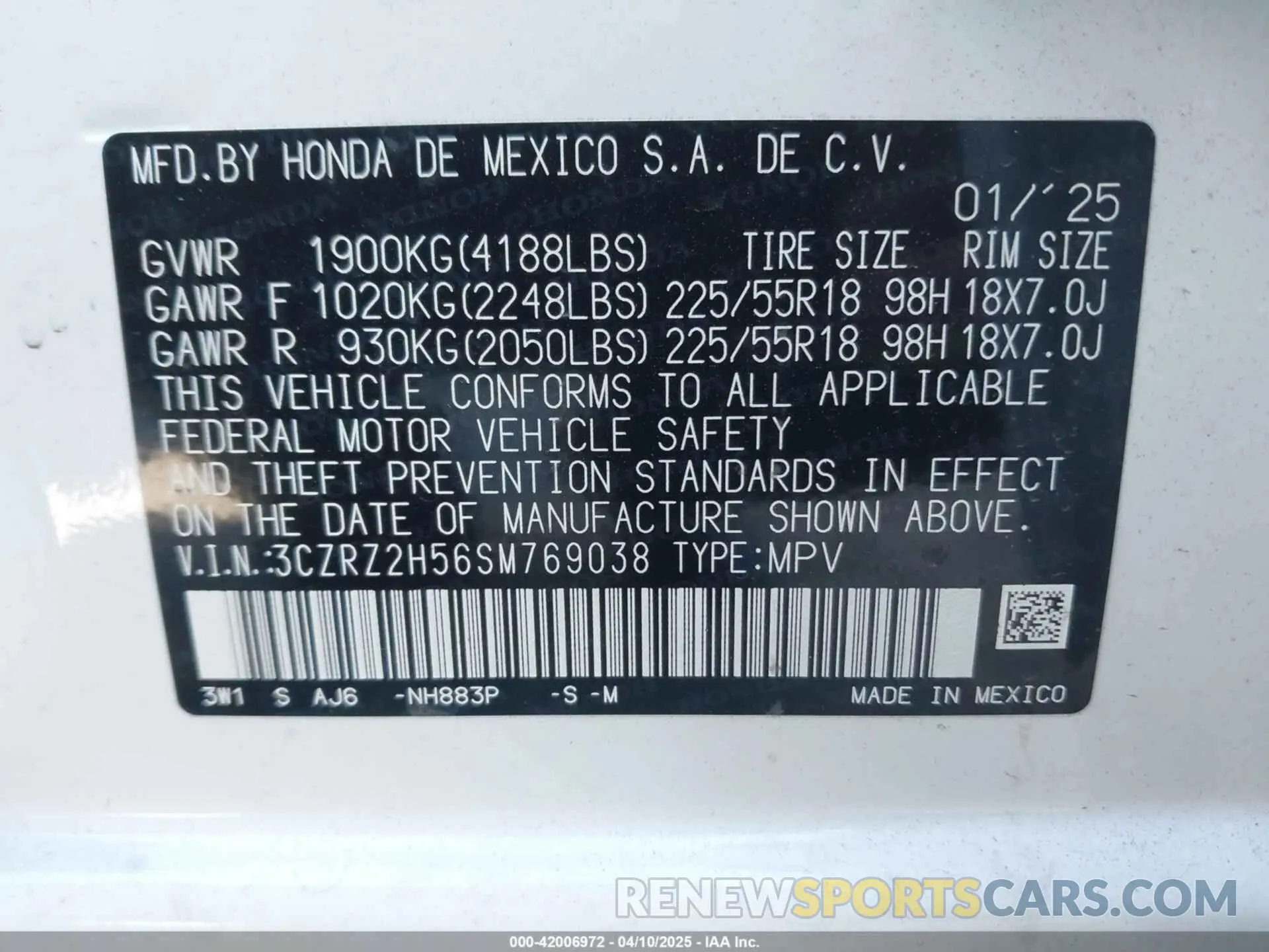 9 Фотография поврежденного автомобиля 3CZRZ2H56SM769038 HONDA HR-V 2025