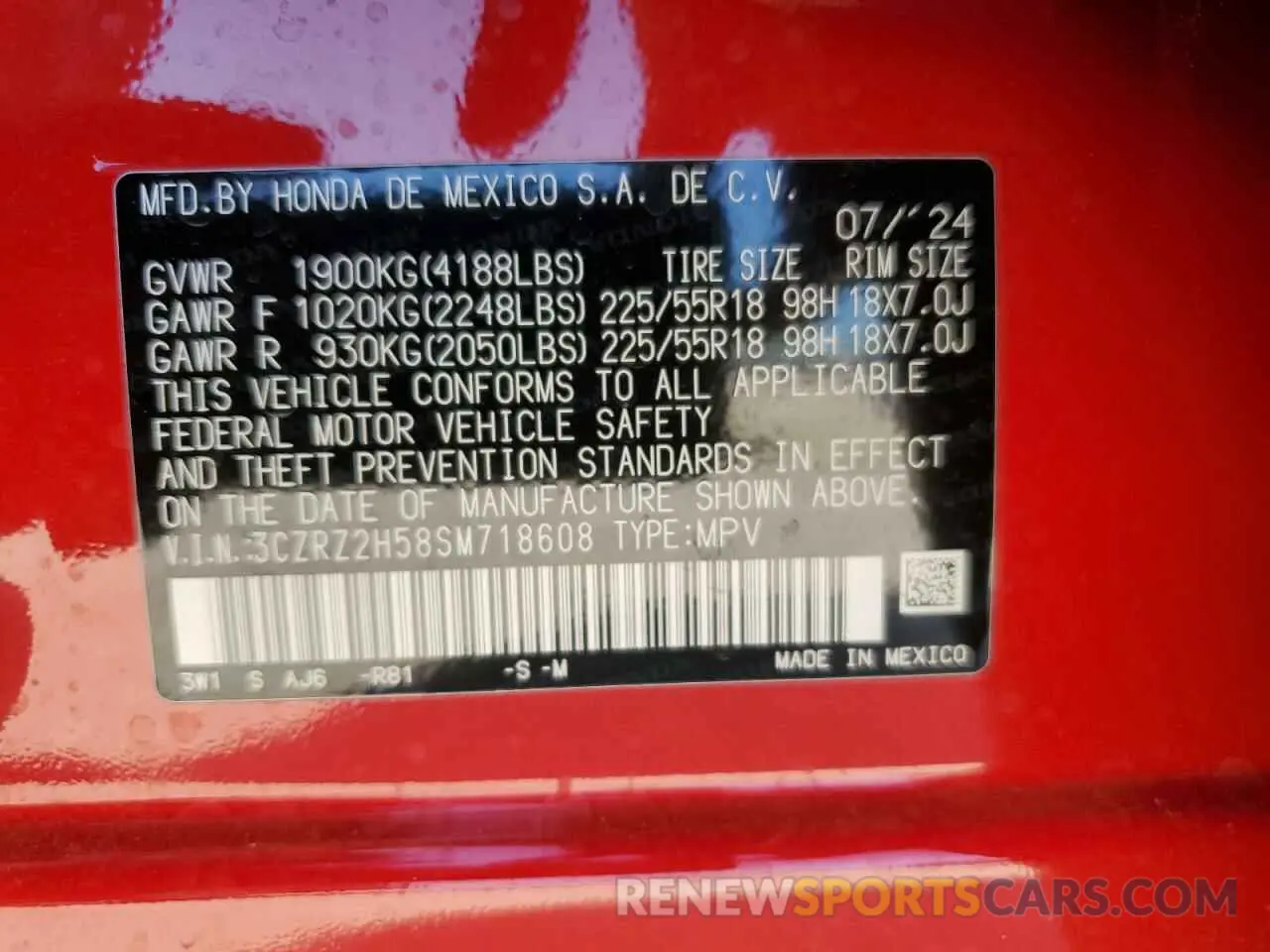 13 Photograph of a damaged car 3CZRZ2H58SM718608 HONDA HR-V 2025