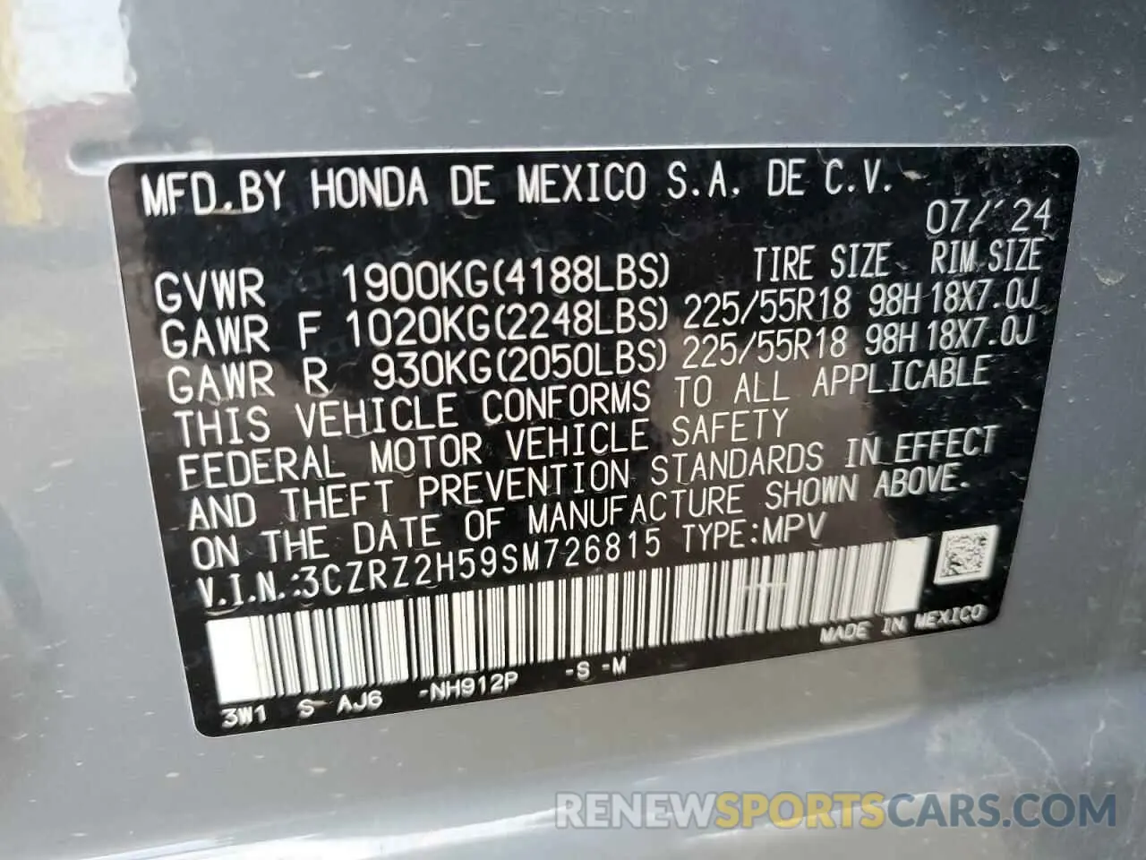 12 Фотография поврежденного автомобиля 3CZRZ2H59SM726815 HONDA HR-V 2025