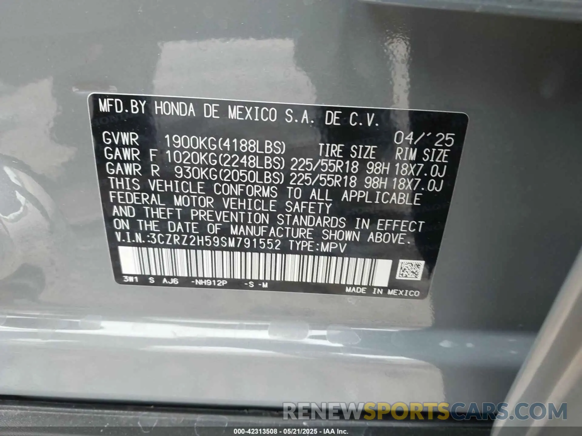 9 Photograph of a damaged car 3CZRZ2H59SM791552 HONDA HR-V 2025