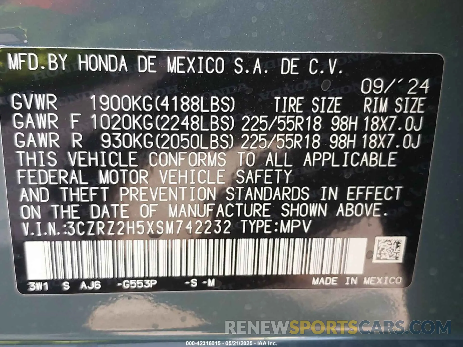 9 Фотография поврежденного автомобиля 3CZRZ2H5XSM742232 HONDA HR-V 2025