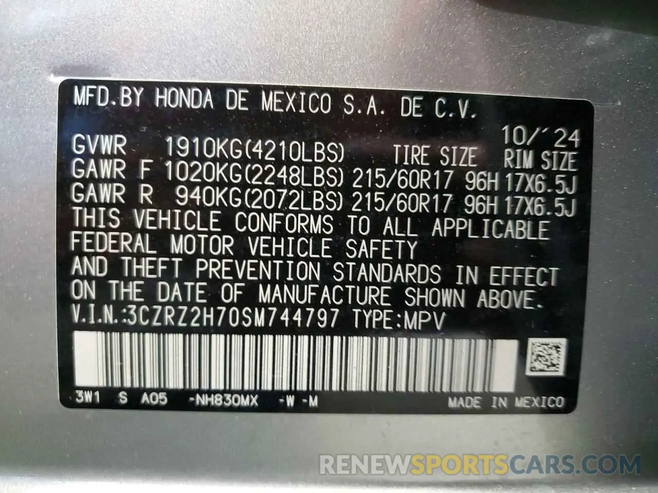 13 Photograph of a damaged car 3CZRZ2H70SM744797 HONDA HR-V 2025