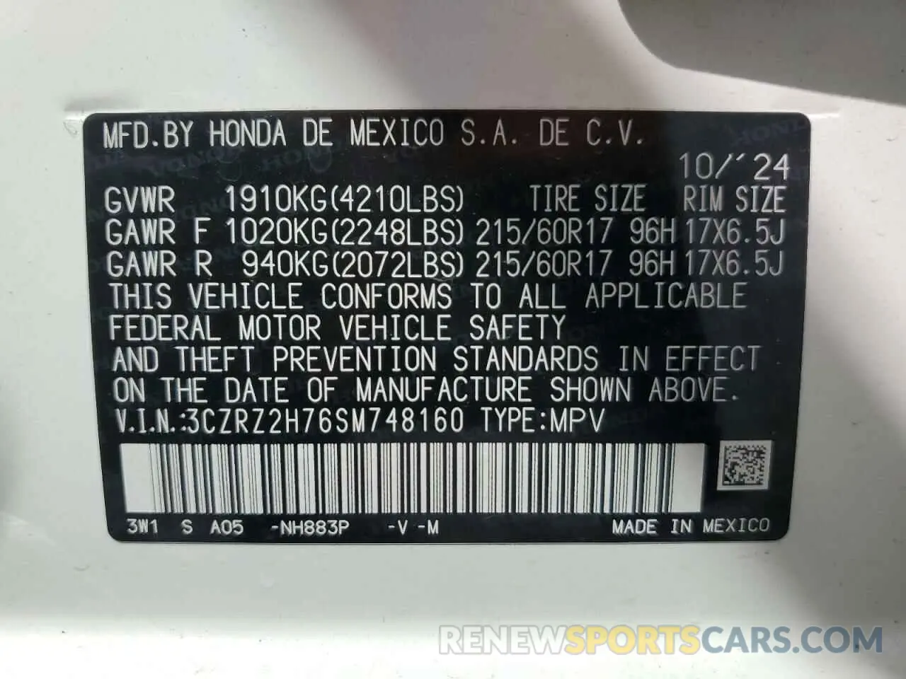 14 Фотография поврежденного автомобиля 3CZRZ2H76SM748160 HONDA HR-V 2025