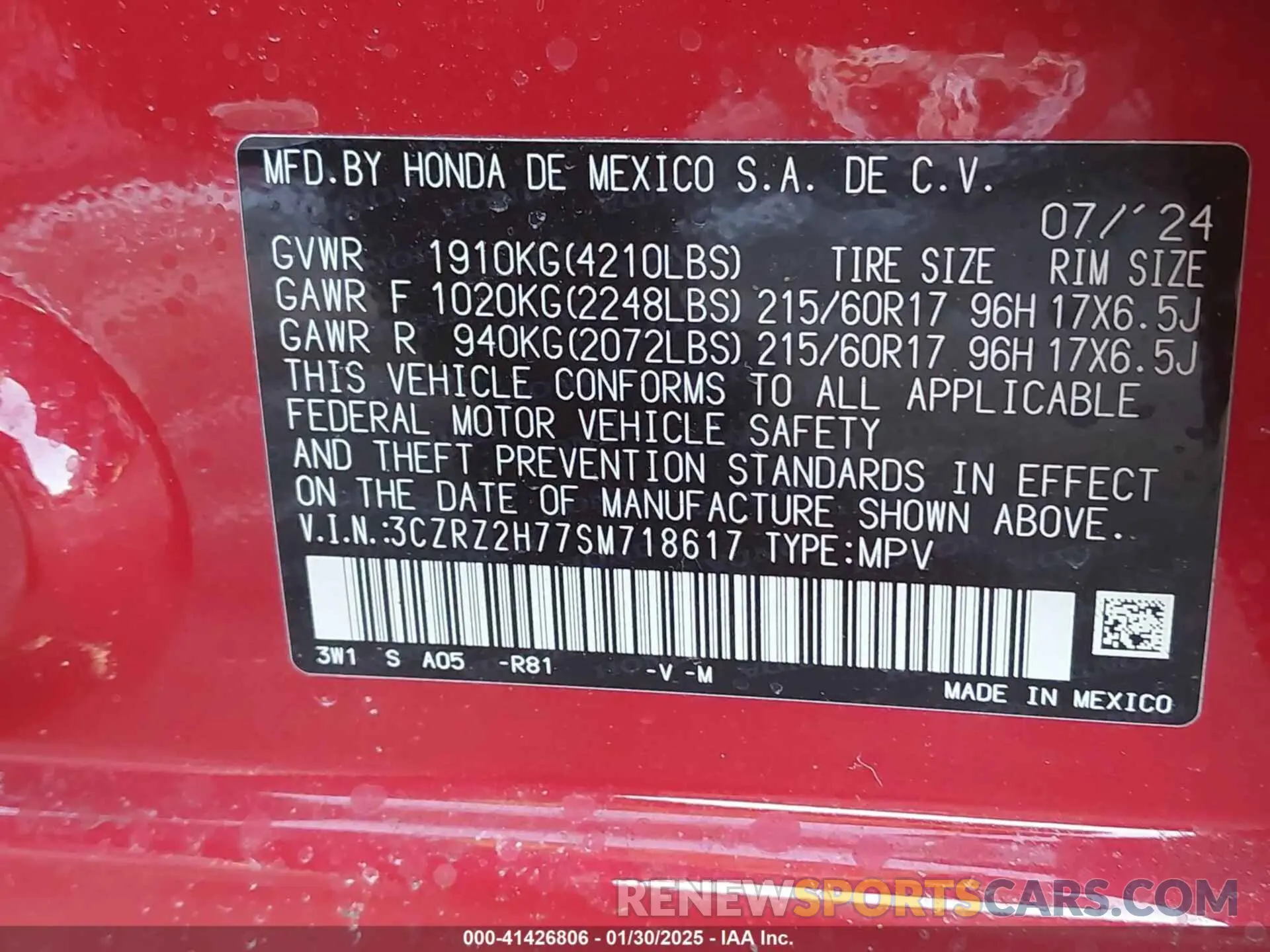 9 Photograph of a damaged car 3CZRZ2H77SM718617 HONDA HR-V 2025