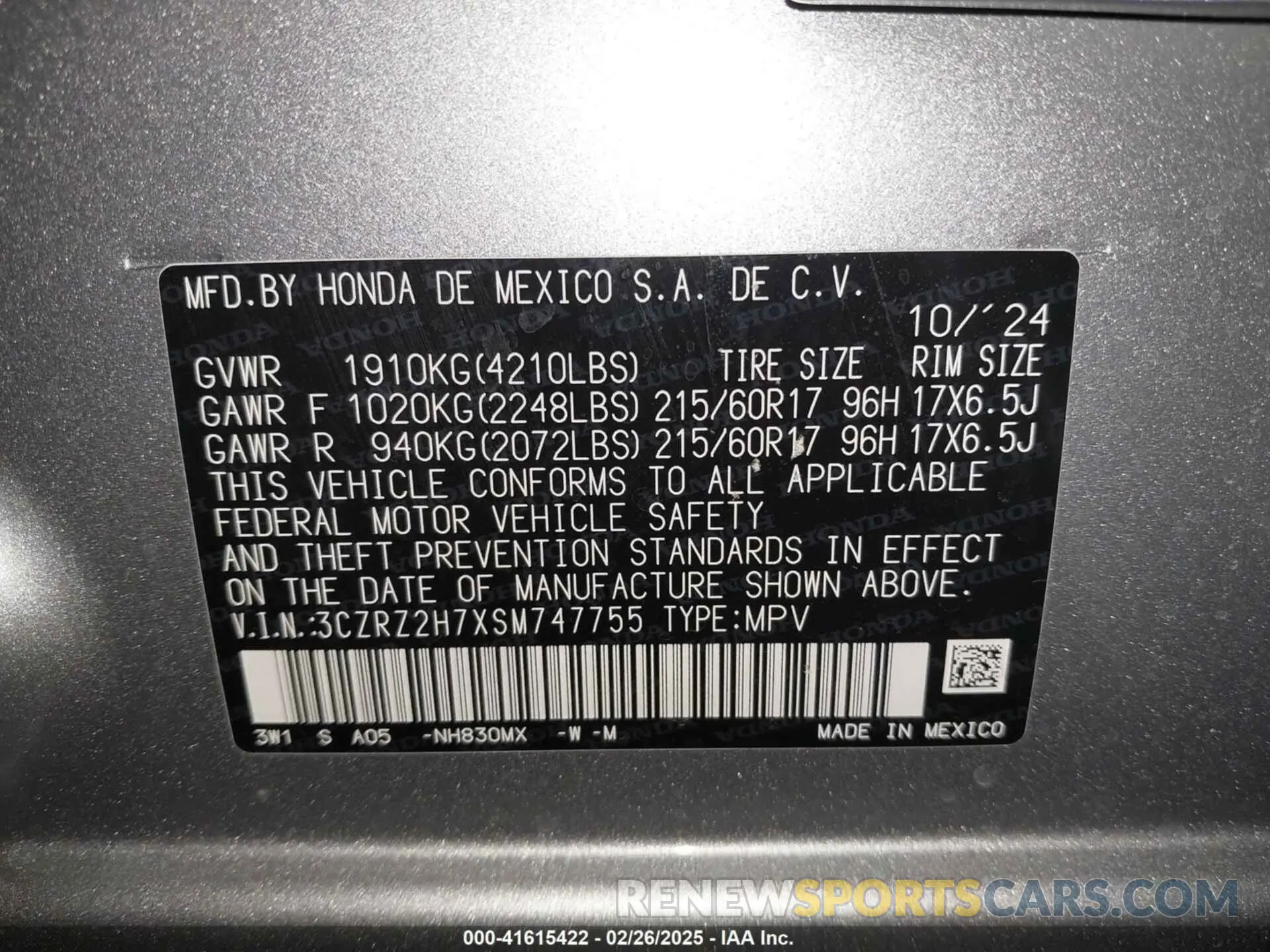 9 Photograph of a damaged car 3CZRZ2H7XSM747755 HONDA HR-V 2025