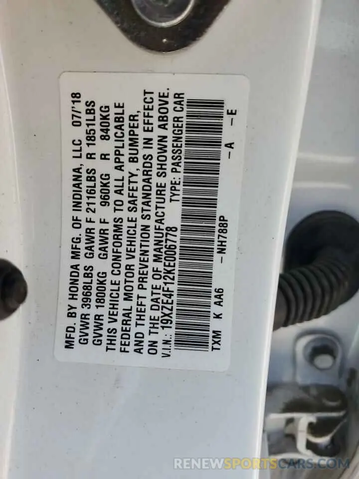 14 Photograph of a damaged car 19XZE4F12KE006778 HONDA INSIGHT 2019