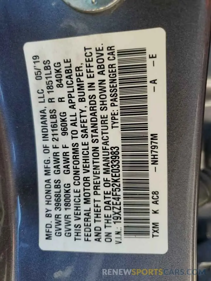 13 Фотография поврежденного автомобиля 19XZE4F52KE033983 HONDA INSIGHT 2019