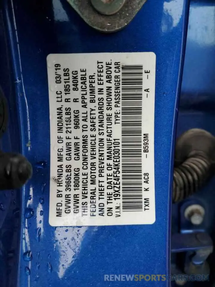 13 Photograph of a damaged car 19XZE4F54KE030101 HONDA INSIGHT 2019