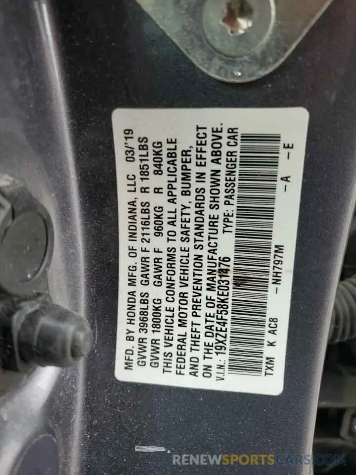 12 Фотография поврежденного автомобиля 19XZE4F58KE031476 HONDA INSIGHT 2019