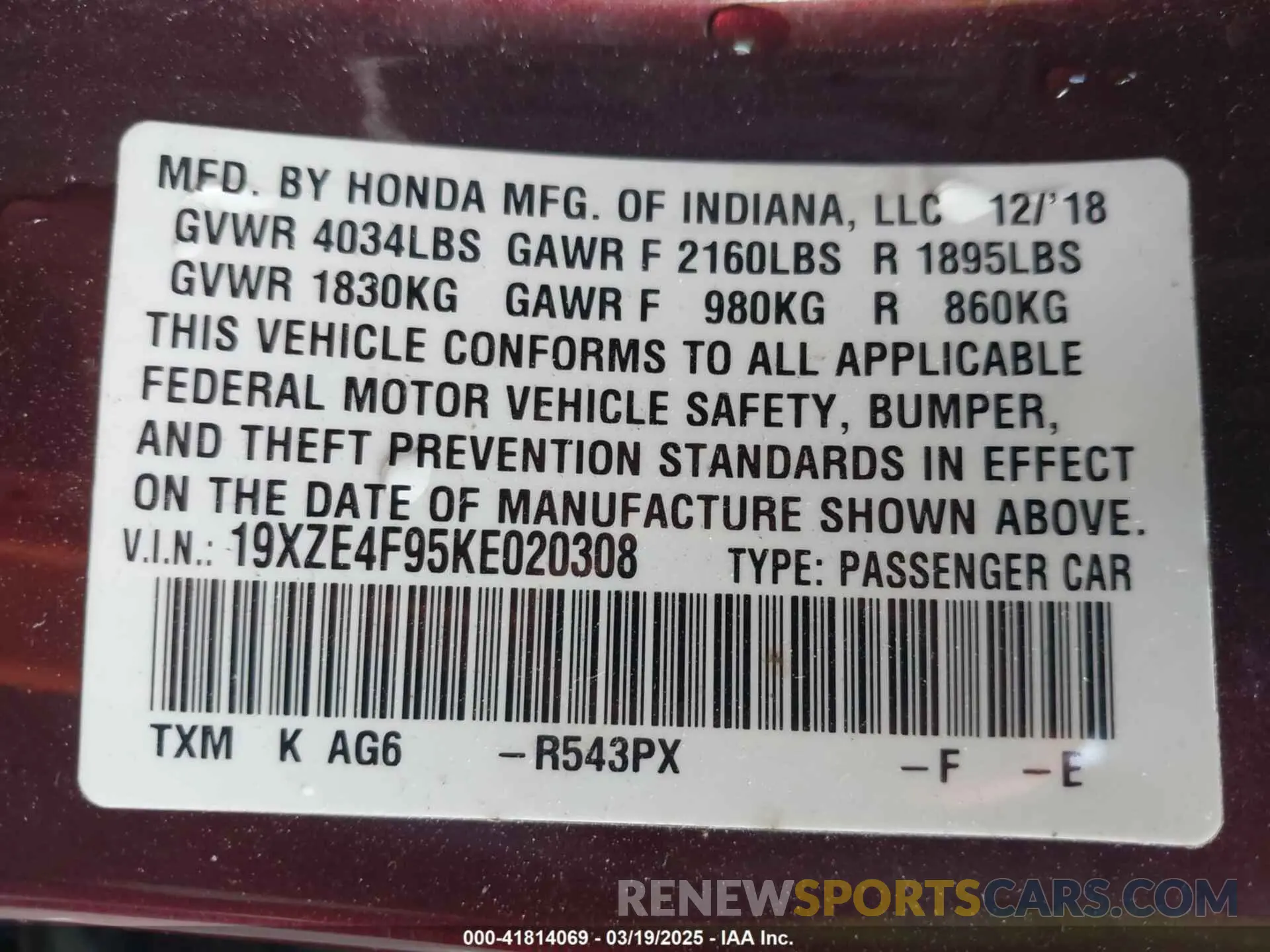 9 Фотография поврежденного автомобиля 19XZE4F95KE020308 HONDA INSIGHT 2019