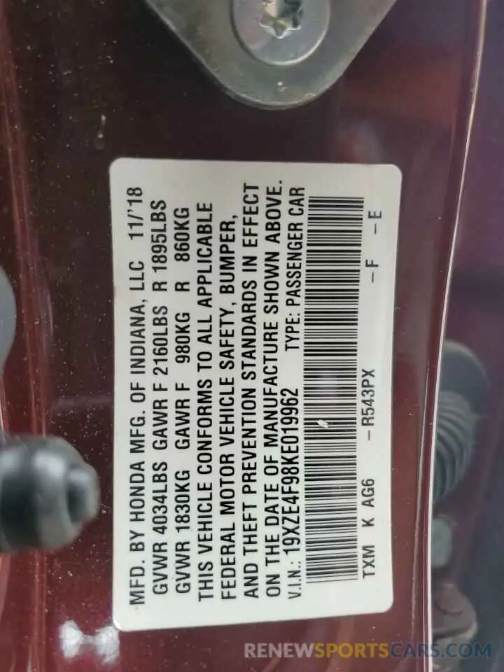 12 Фотография поврежденного автомобиля 19XZE4F98KE019962 HONDA INSIGHT 2019