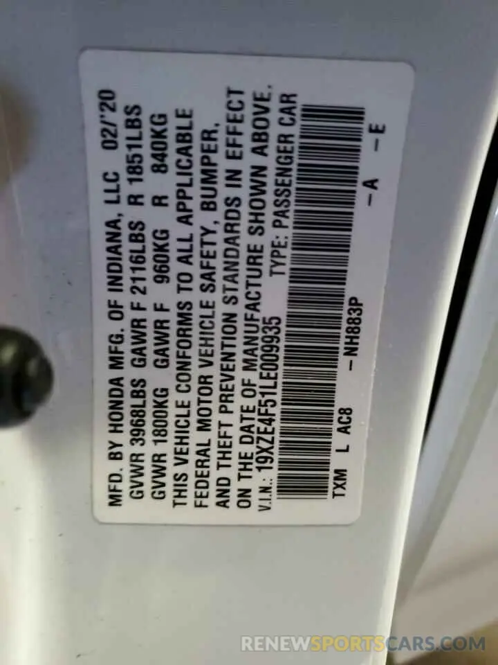 12 Фотография поврежденного автомобиля 19XZE4F51LE009935 HONDA INSIGHT 2020