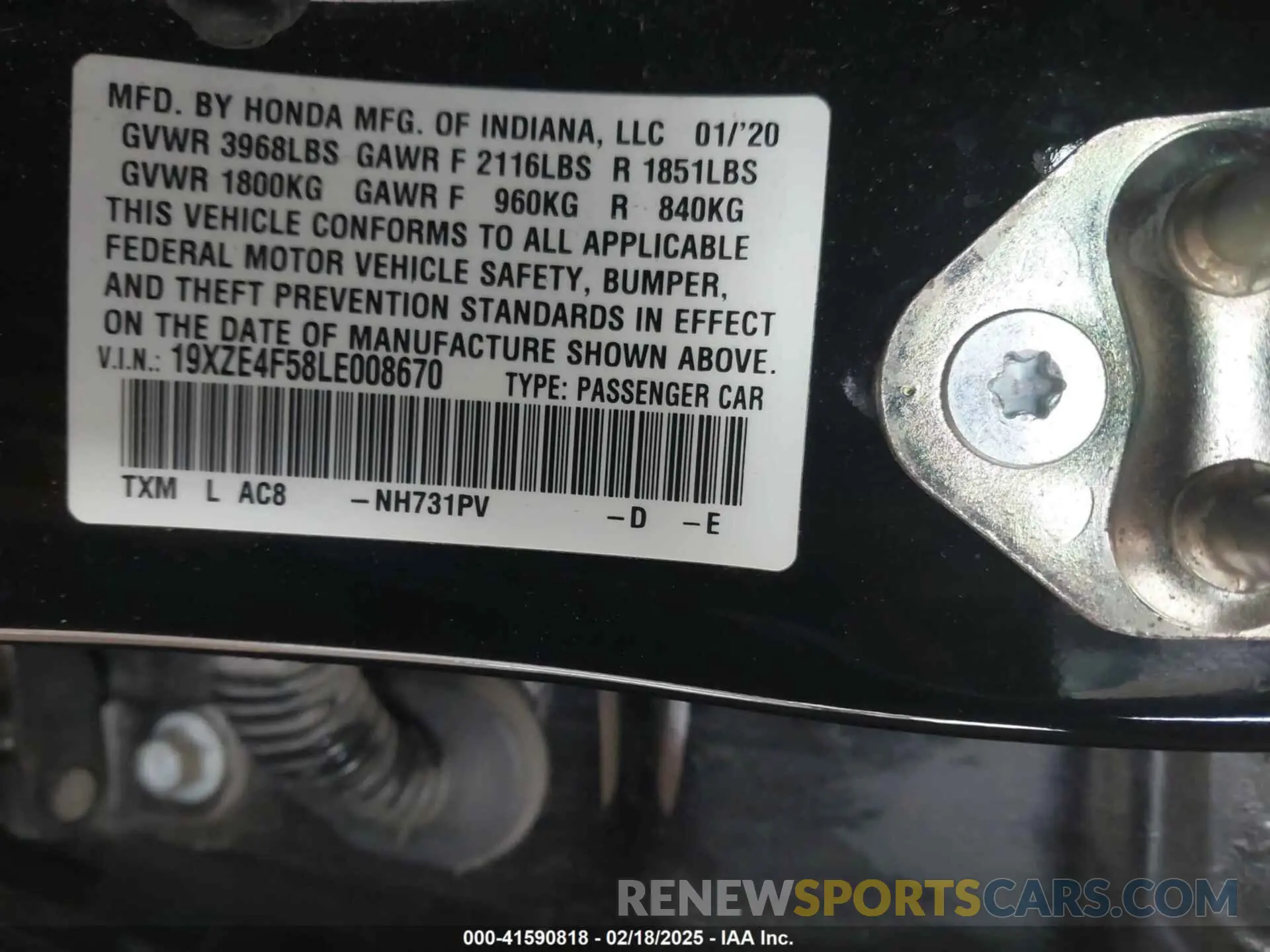 9 Фотография поврежденного автомобиля 19XZE4F58LE008670 HONDA INSIGHT 2020