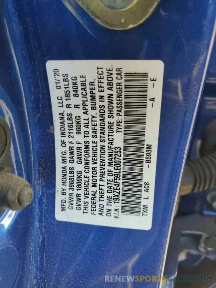 13 Photograph of a damaged car 19XZE4F59LE007253 HONDA INSIGHT 2020