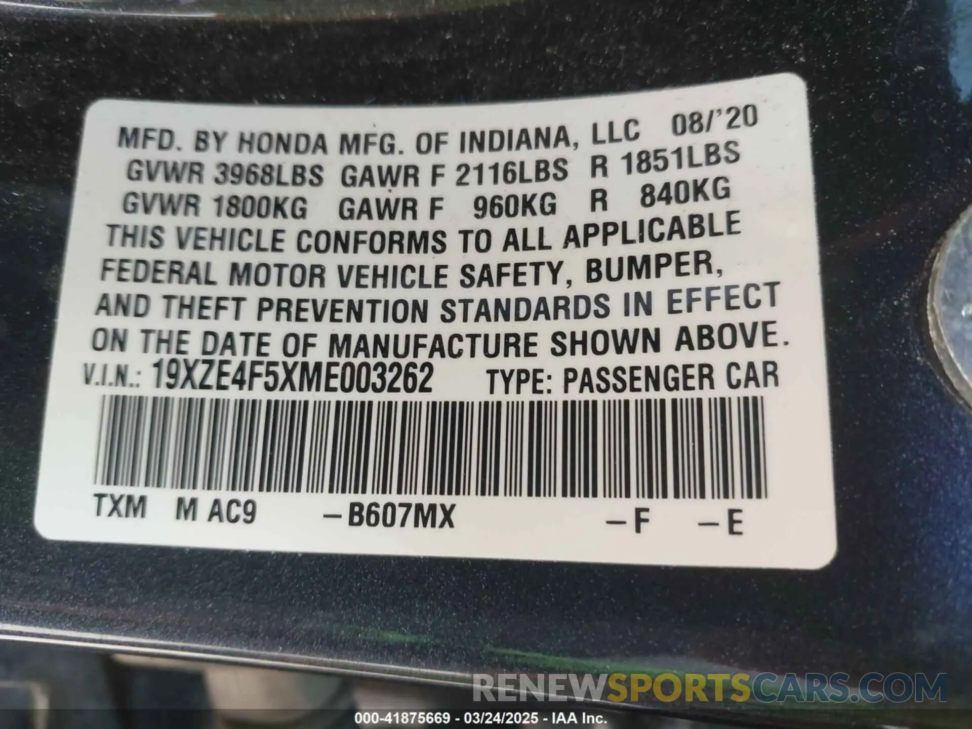 9 Фотография поврежденного автомобиля 19XZE4F5XME003262 HONDA INSIGHT 2021