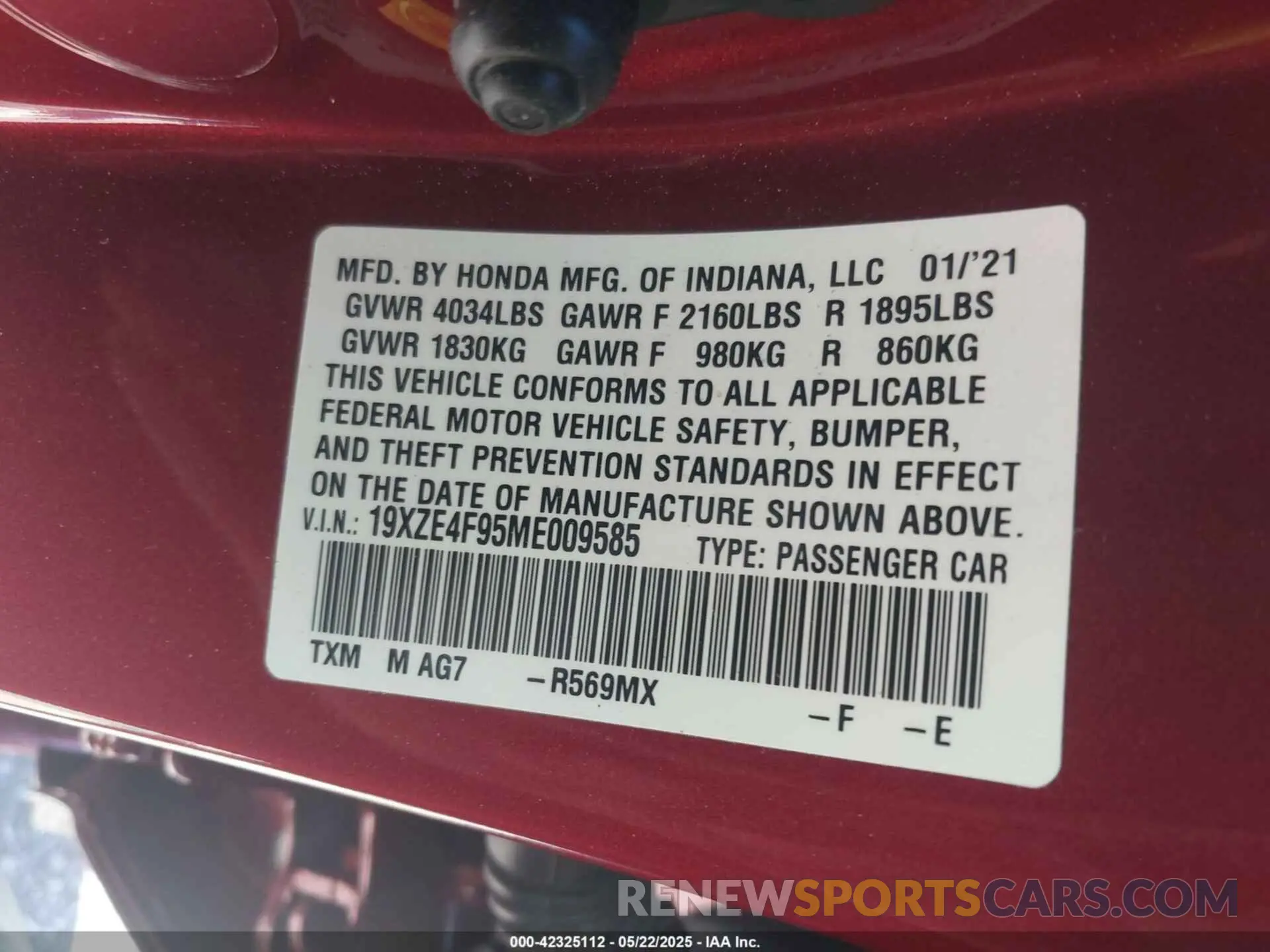 9 Photograph of a damaged car 19XZE4F95ME009585 HONDA INSIGHT 2021
