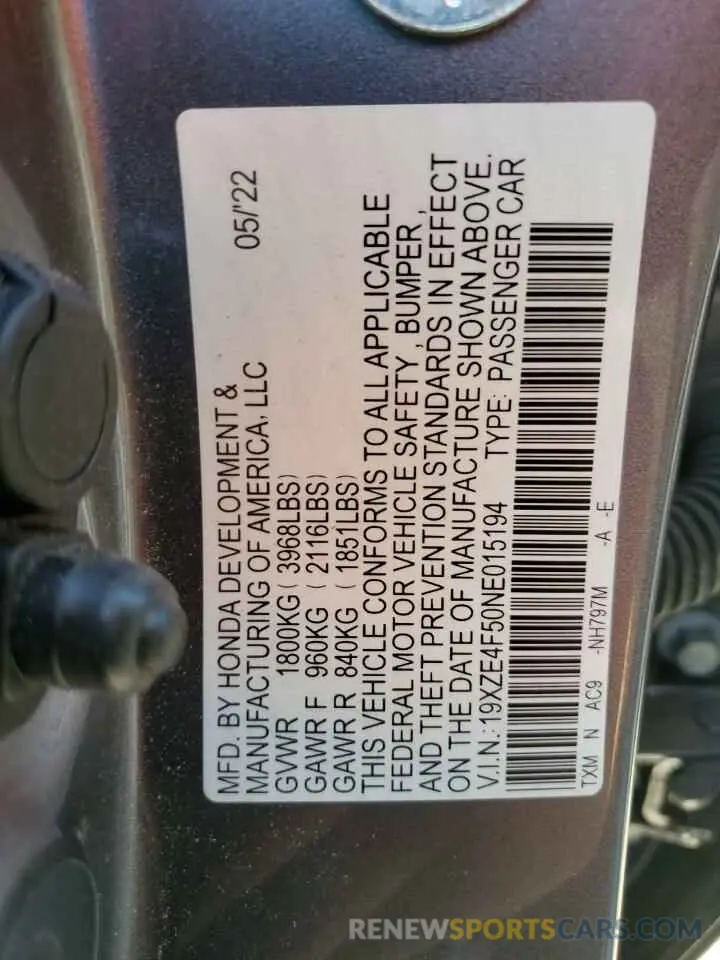 12 Фотография поврежденного автомобиля 19XZE4F50NE015194 HONDA INSIGHT 2022