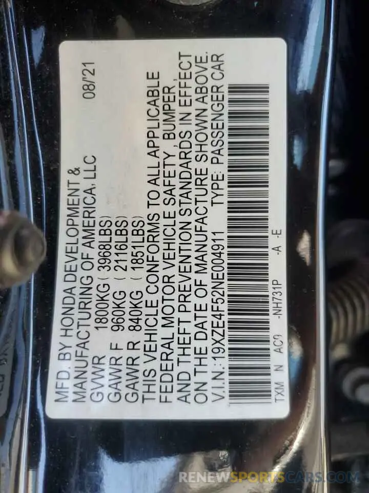 12 Фотография поврежденного автомобиля 19XZE4F52NE004911 HONDA INSIGHT 2022