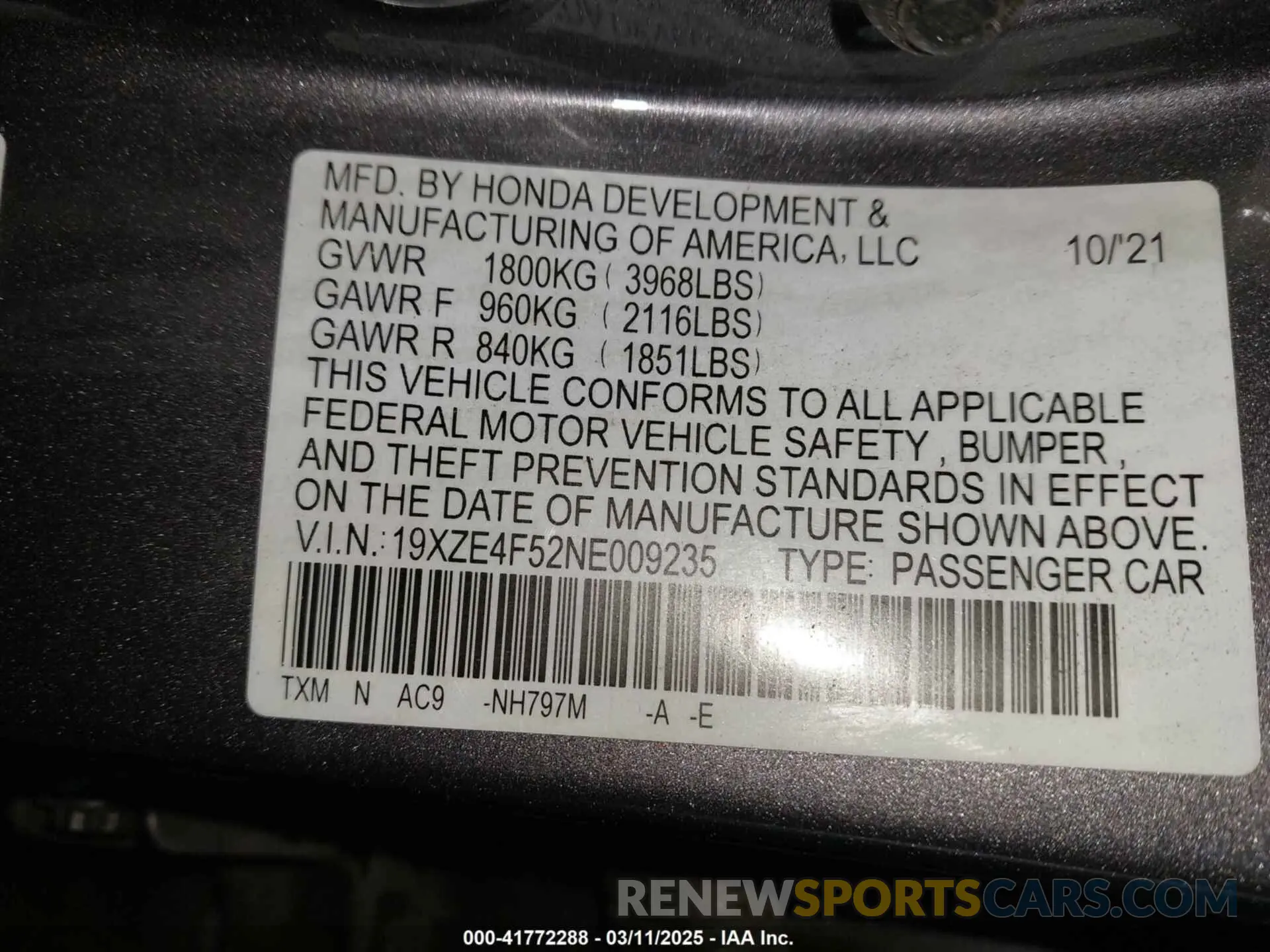 9 Фотография поврежденного автомобиля 19XZE4F52NE009235 HONDA INSIGHT 2022