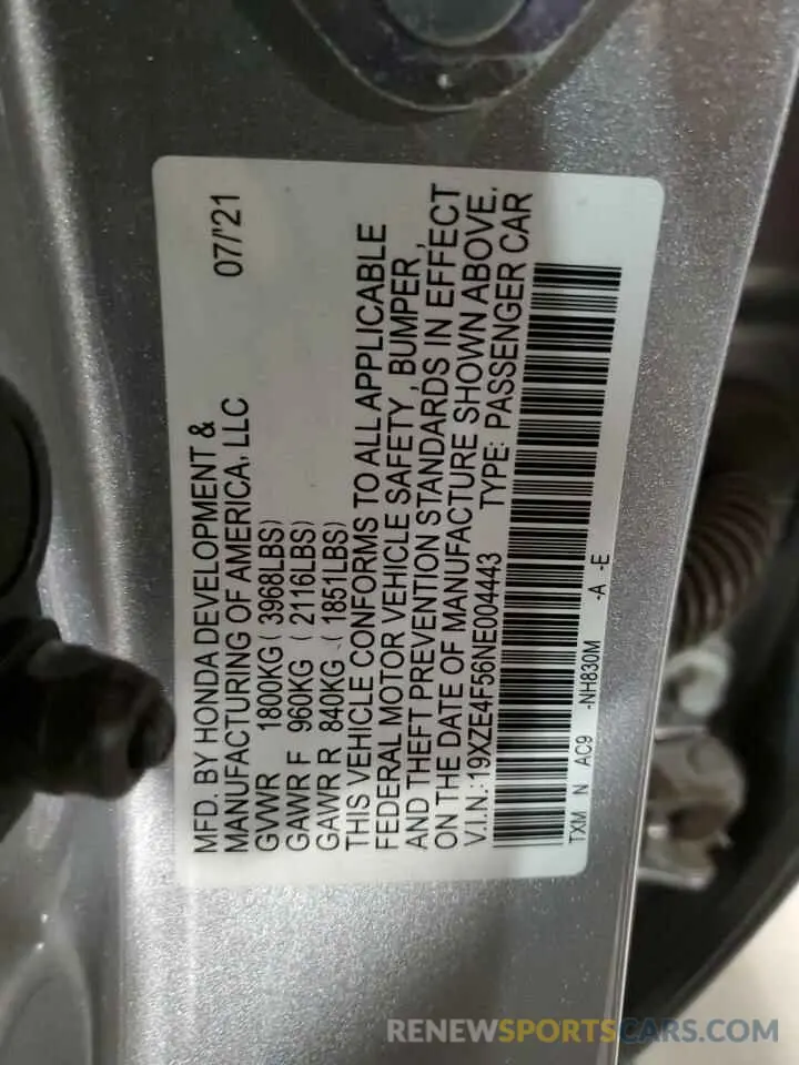 12 Фотография поврежденного автомобиля 19XZE4F56NE004443 HONDA INSIGHT 2022
