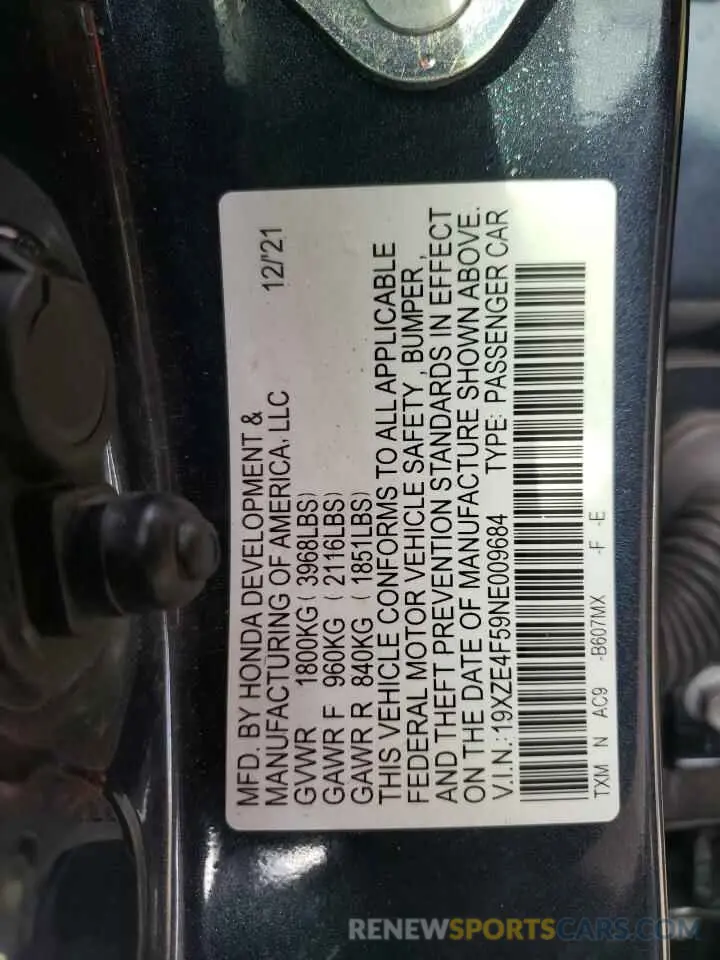 12 Фотография поврежденного автомобиля 19XZE4F59NE009684 HONDA INSIGHT 2022